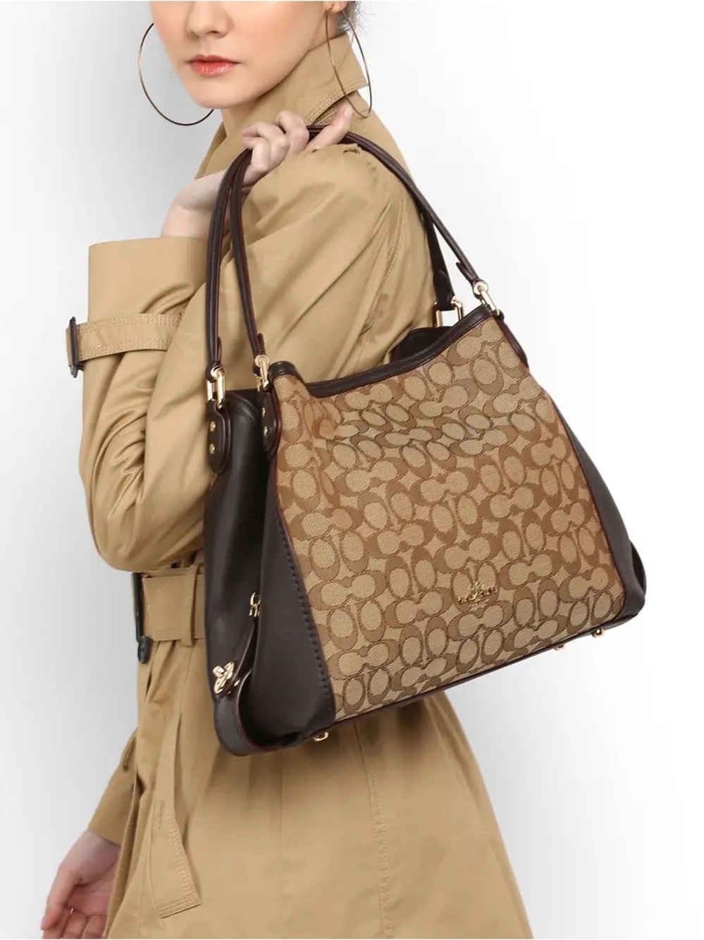 Coach Brown Signature Canvas Tote with Black Leather Trim